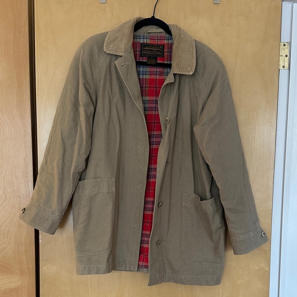 Eddie Bauer Tan Cotton Barn Jacket with Red Plaid Lining